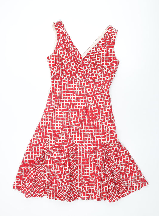 Coast Womens Red Geometric Silk A-Line Size 12 V-Neck Zip