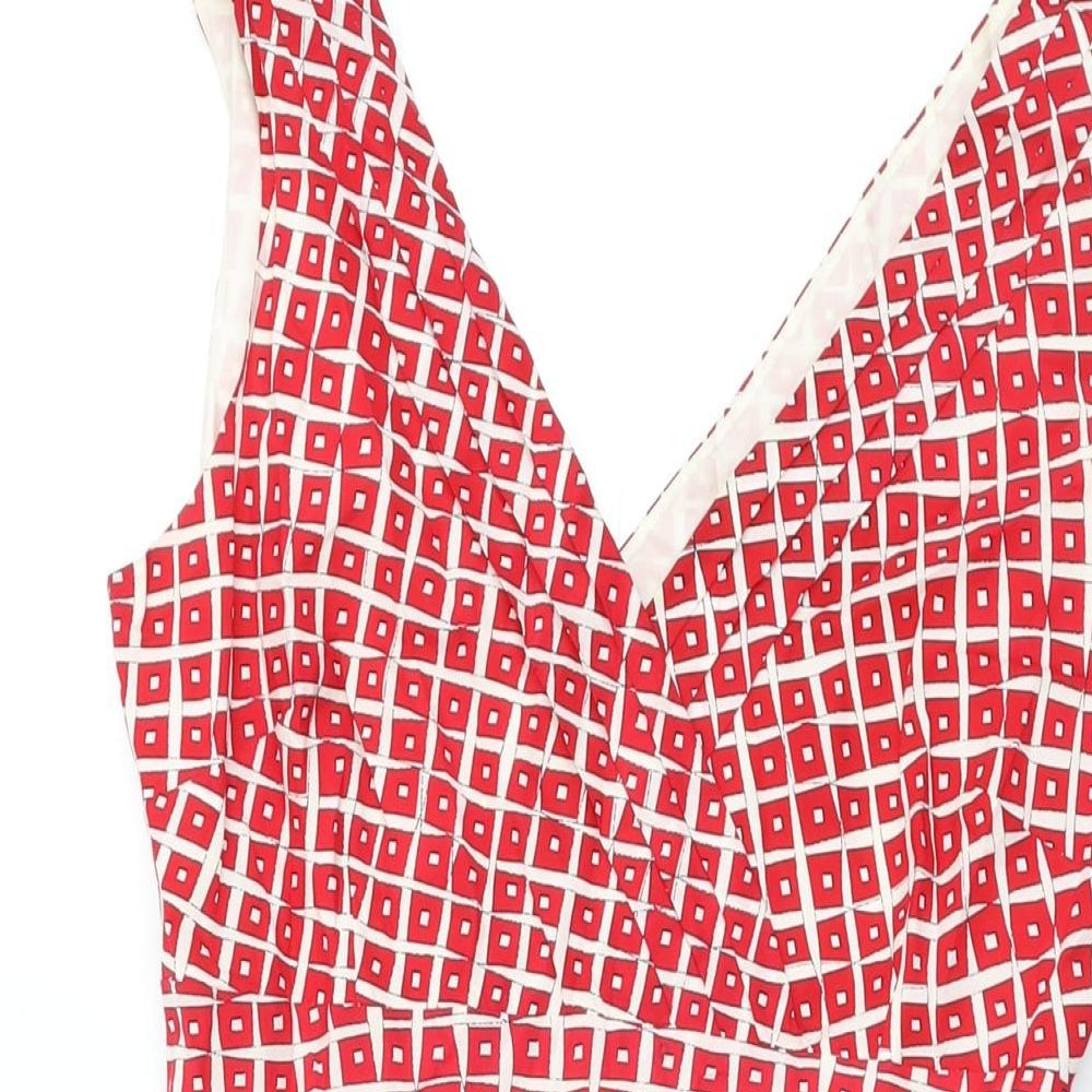 Coast Womens Red Geometric Silk A-Line Size 12 V-Neck Zip