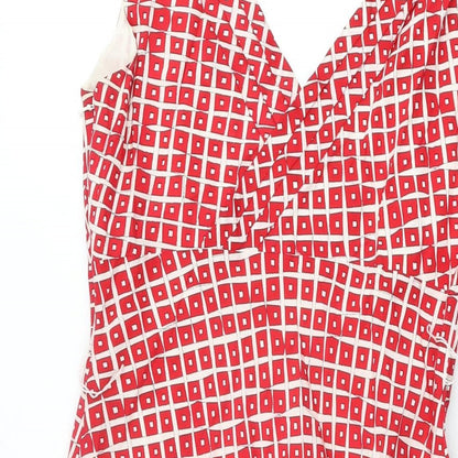 Coast Womens Red Geometric Silk A-Line Size 12 V-Neck Zip