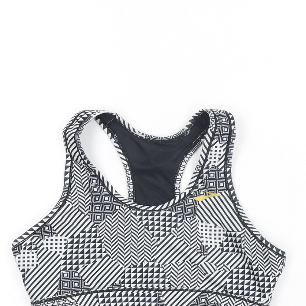 Brooks Womens White Geometric Polyester Cropped T-Shirt Size XS Round Neck Pullover