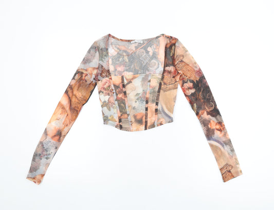 Bershka Womens Multicoloured Geometric Polyester Cropped T-Shirt Size XS Square Neck - Renaissance Print