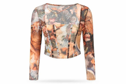 Bershka Womens Multicoloured Geometric Polyester Cropped T-Shirt Size XS Square Neck - Renaissance Print