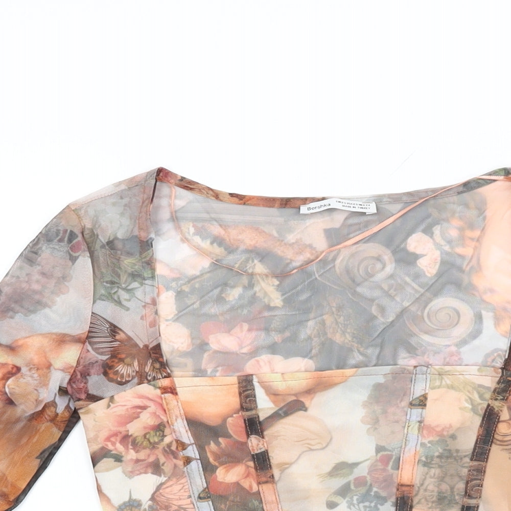 Bershka Womens Multicoloured Geometric Polyester Cropped T-Shirt Size XS Square Neck - Renaissance Print