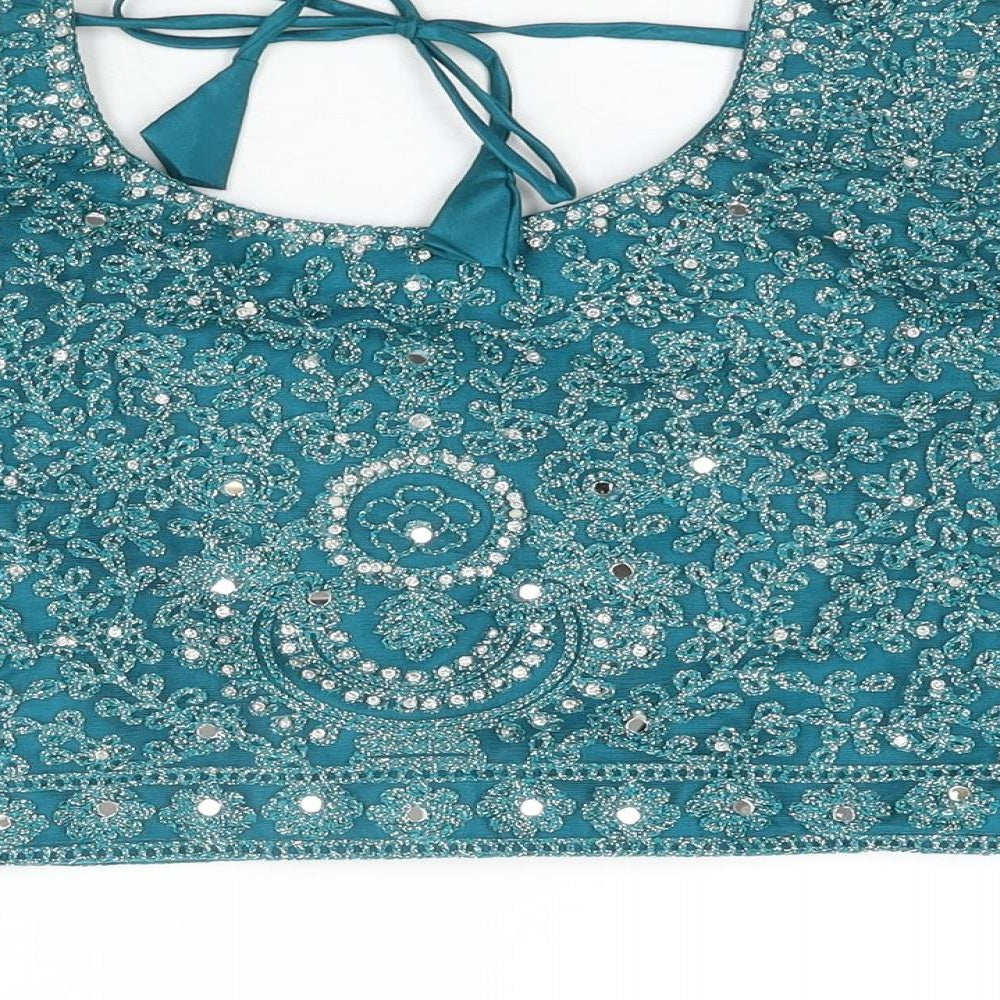 Shivali Womens Blue Floral Polyester Cropped T-Shirt Size 2XL Round Neck