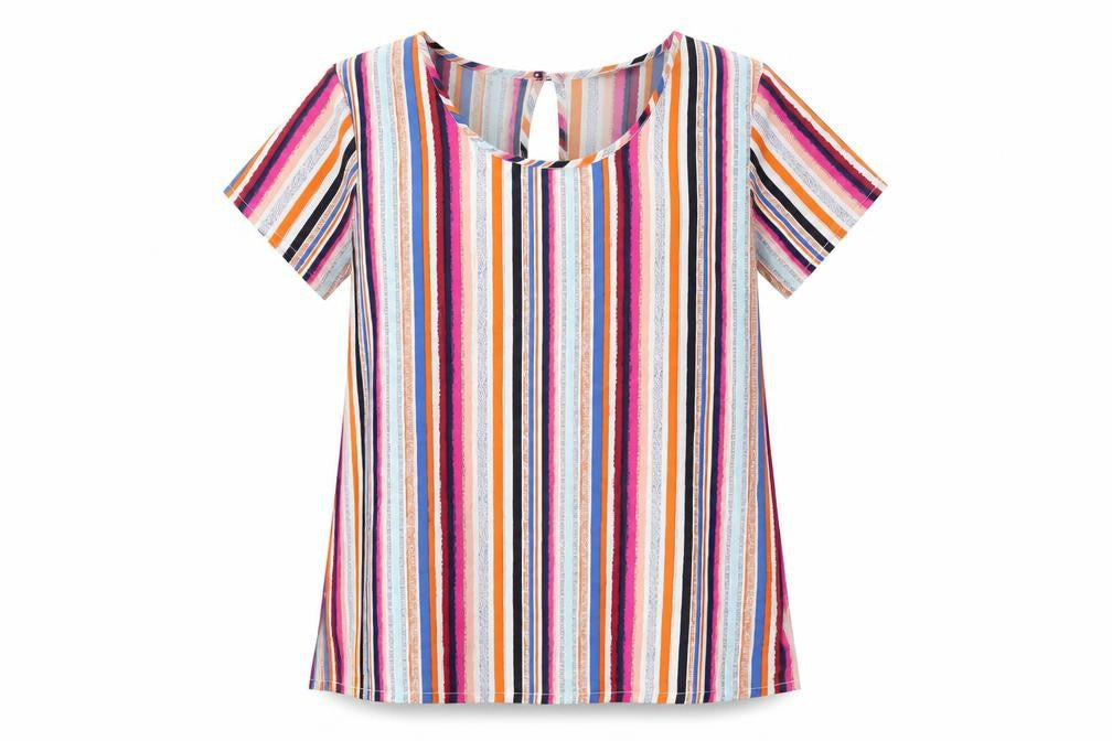 Pep&Co Womens Multicoloured Striped Polyester Basic T-Shirt Size 8 Round Neck