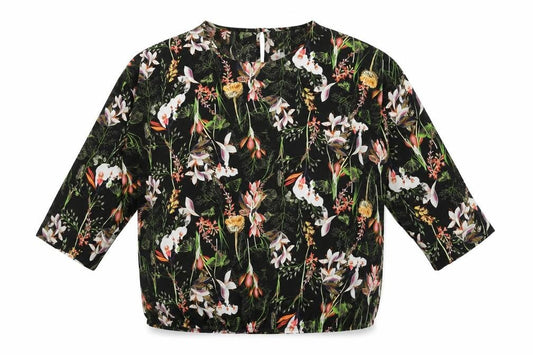 Front view of Soon women’s black floral polyester basic blouse, size UK 16, round neck