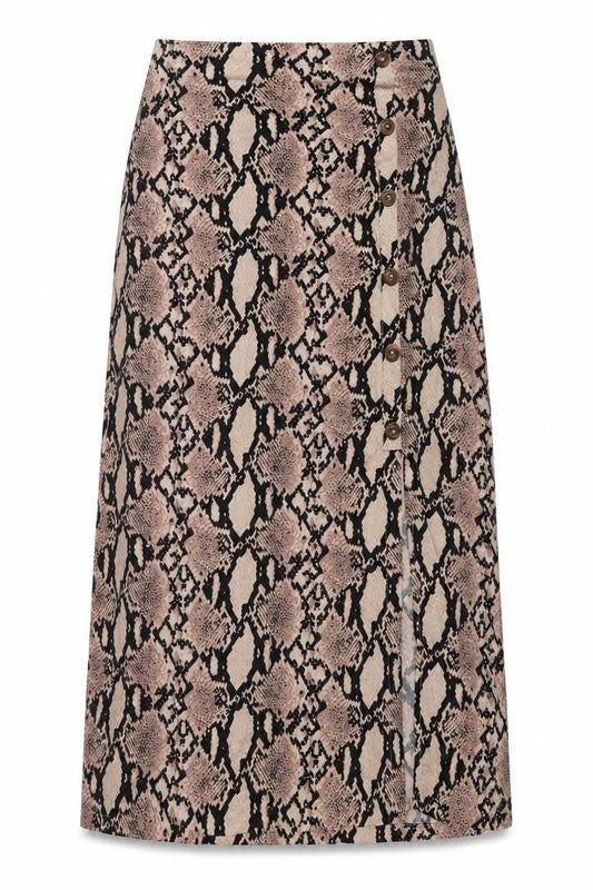 Front view of Red Herring women’s beige animal print viscose maxi skirt, size UK 8, zip