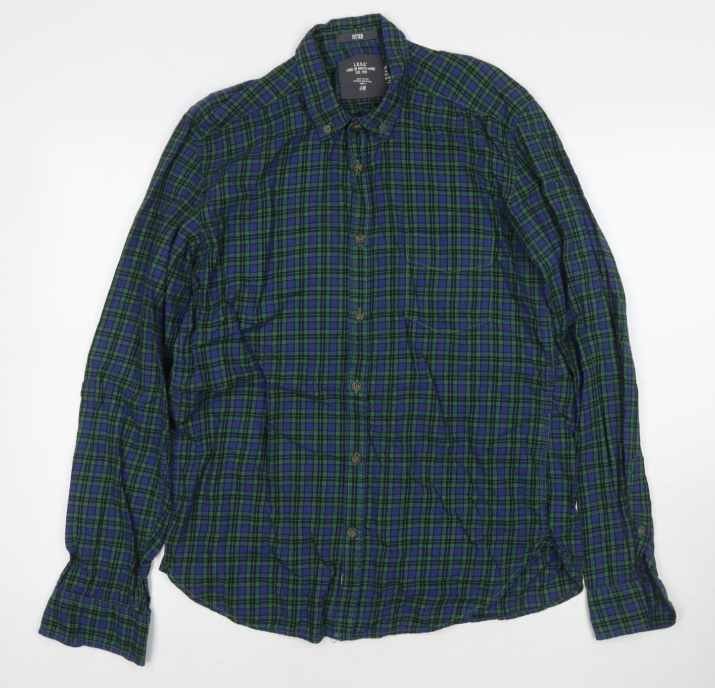 H&M Mens Green Check Cotton Button-Up Size M Collared Button