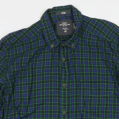 H&M Mens Green Check Cotton Button-Up Size M Collared Button