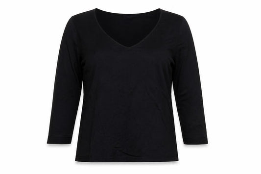 Front view of Principles women’s black viscose basic blouse, size UK 16, square neck