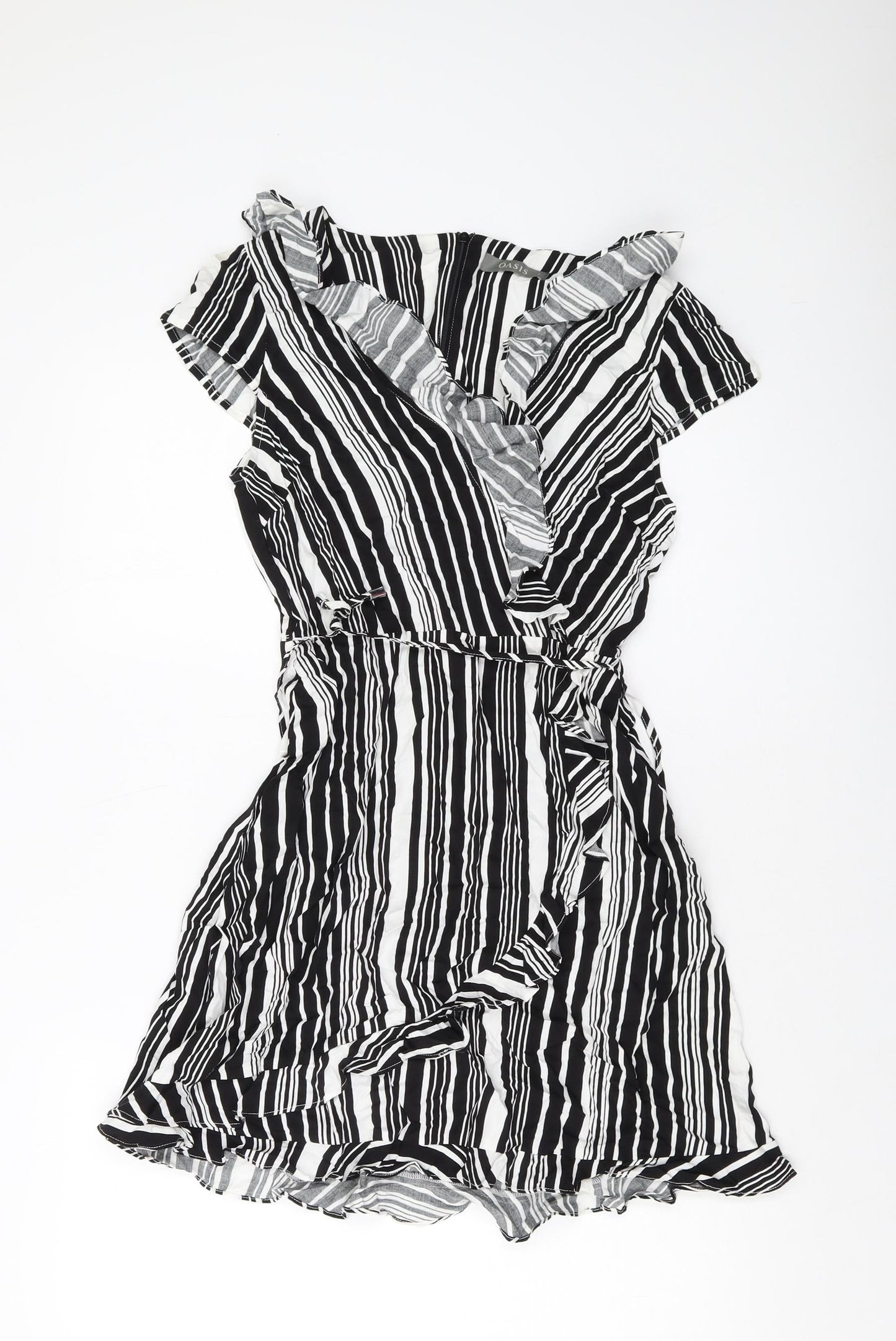 Oasis Womens Black Striped Viscose A-Line Size 8 V-Neck Zip