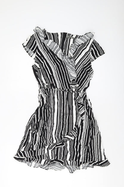 Oasis Womens Black Striped Viscose A-Line Size 8 V-Neck Zip