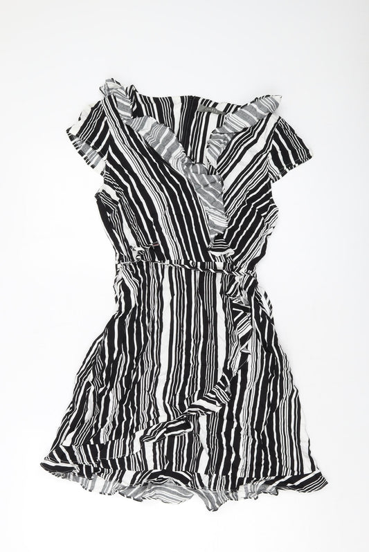 Oasis Womens Black Striped Viscose A-Line Size 8 V-Neck Zip