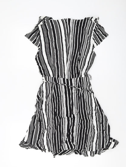 Oasis Womens Black Striped Viscose A-Line Size 8 V-Neck Zip