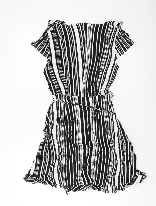 Oasis Womens Black Striped Viscose A-Line Size 8 V-Neck Zip