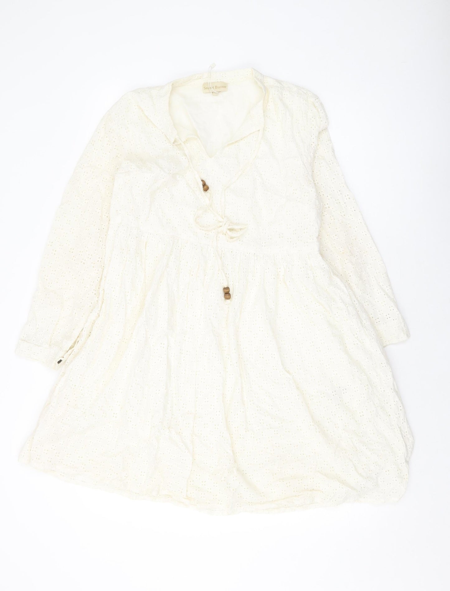 Secret Bazar Womens Ivory Cotton A-Line Size L V-Neck Tie