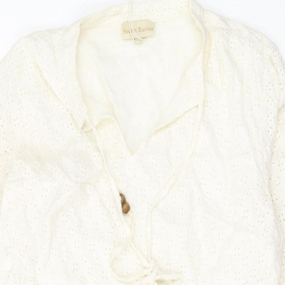Secret Bazar Womens Ivory Cotton A-Line Size L V-Neck Tie