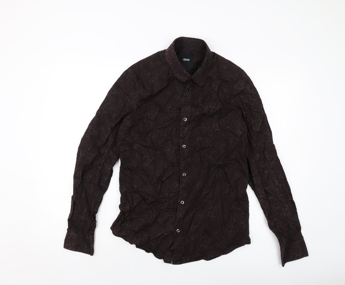 Additional front view of ASOS men’s brown animal print cotton button-up, size M, collared button