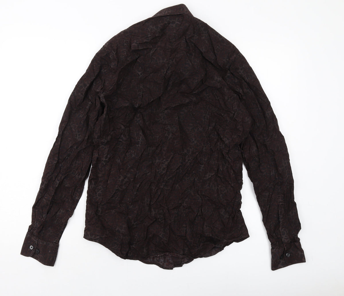 Back view of ASOS men’s brown animal print cotton button-up, size M, collared button