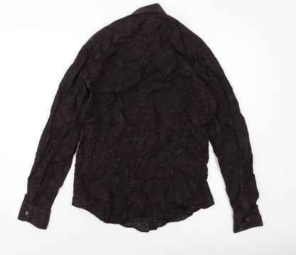 Back view of ASOS men’s brown animal print cotton button-up, size M, collared button