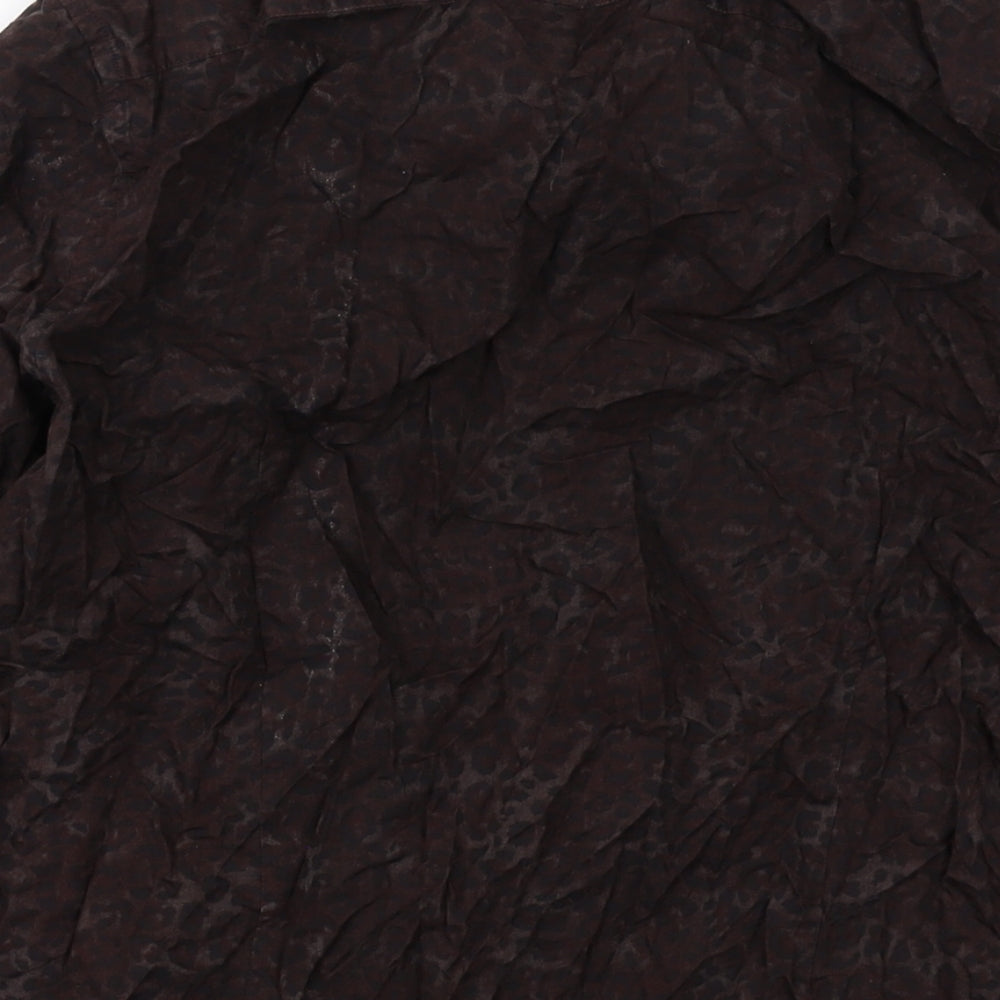 Brand and care label for ASOS men’s brown animal print cotton button-up, size M, collared button