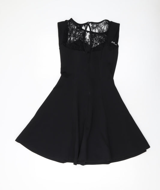 New Look Womens Black Polyester A-Line Size 10 Round Neck Button
