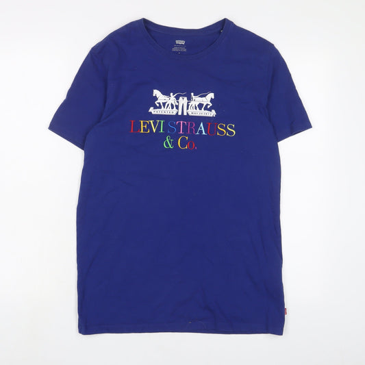Levi's Womens Blue Cotton Basic T-Shirt Size M Crew Neck - Embroidered
