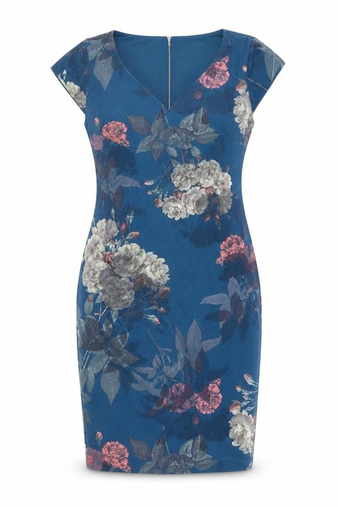 Next Womens Blue Floral Polyester Bodycon Size 14 V-Neck Zip