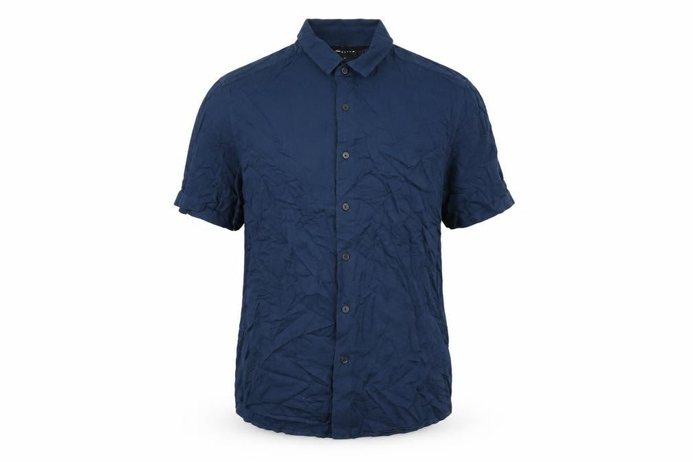 Front view of ASOS men’s blue viscose button-up, size L, collared button