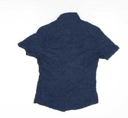 Back view of ASOS men’s blue viscose button-up, size L, collared button