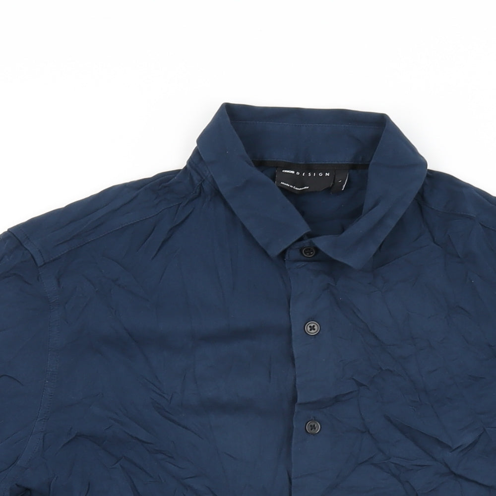 Close-up detail of ASOS men’s blue viscose button-up, size L, collared button