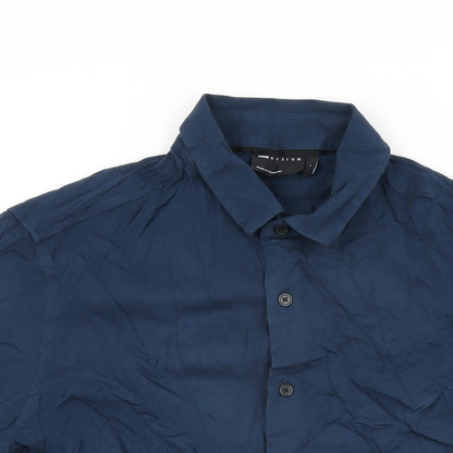 Close-up detail of ASOS men’s blue viscose button-up, size L, collared button