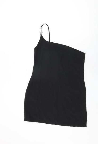 PRETTYLITTLETHING Womens Black Polyester Shift Size 12 One Shoulder Zip