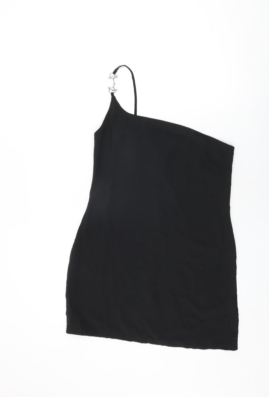 PRETTYLITTLETHING Womens Black Polyester Shift Size 12 One Shoulder Zip