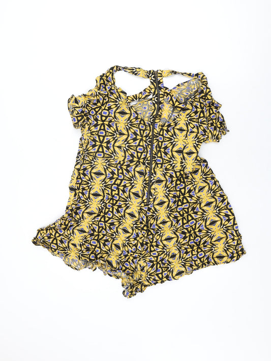 River Island Womens Yellow Geometric Viscose Playsuit One-Piece Size 16 Zip