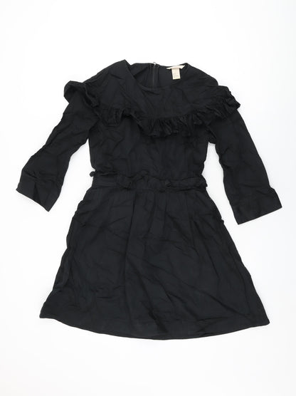 H&M Womens Black Cotton Skater Dress Size 8 Round Neck Zip - Frill Detail