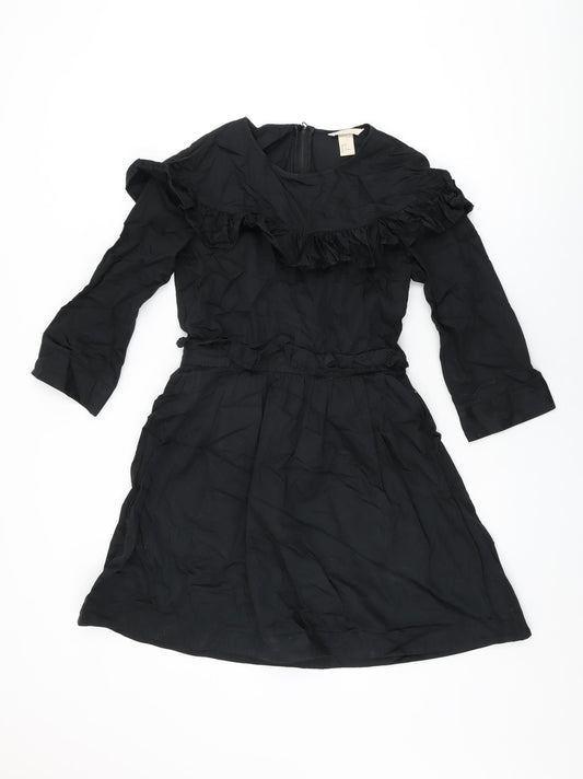 H&M Womens Black Cotton Skater Dress Size 8 Round Neck Zip - Frill Detail