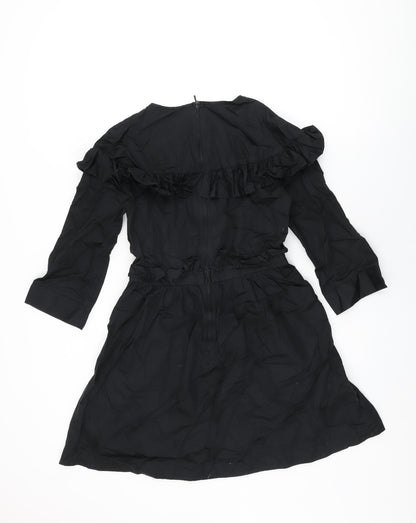 H&M Womens Black Cotton Skater Dress Size 8 Round Neck Zip - Frill Detail