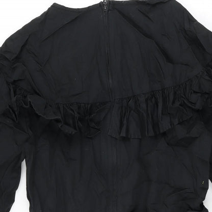 H&M Womens Black Cotton Skater Dress Size 8 Round Neck Zip - Frill Detail