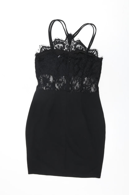 Boohoo Womens Black Floral Polyester Bodycon Size 10 Halter Zip