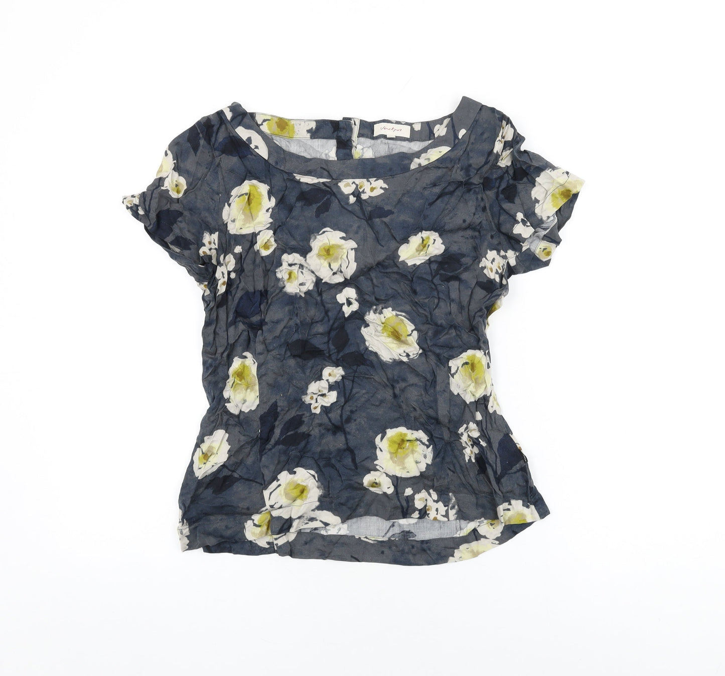 Vacknoy Womens Blue Floral Viscose Basic T-Shirt Size 8 Boat Neck