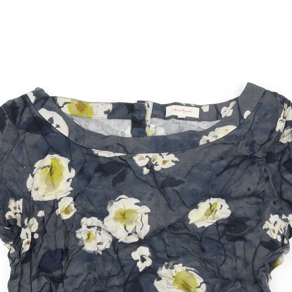 Vacknoy Womens Blue Floral Viscose Basic T-Shirt Size 8 Boat Neck