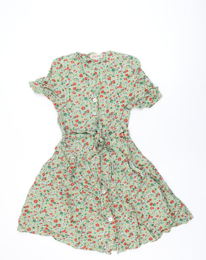 Difference Womens Green Floral Polyester Skater Dress Size 8 V-Neck Button