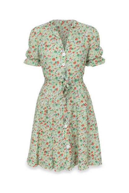 Difference Womens Green Floral Polyester Skater Dress Size 8 V-Neck Button