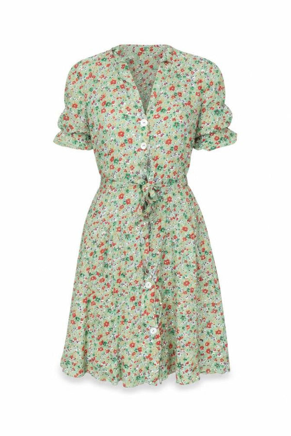 Difference Womens Green Floral Polyester Skater Dress Size 8 V-Neck Button