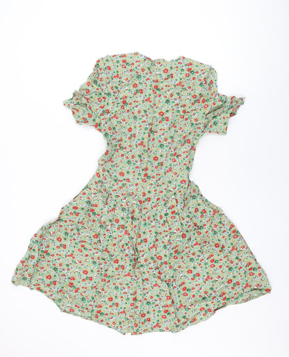 Difference Womens Green Floral Polyester Skater Dress Size 8 V-Neck Button