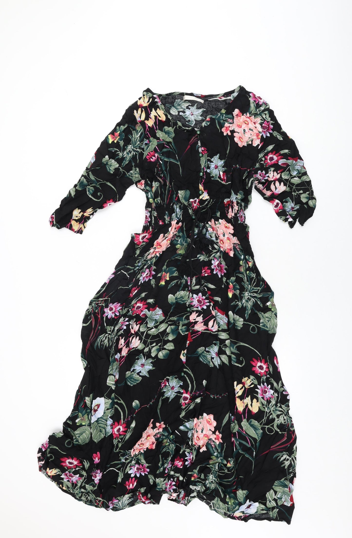 New Feeling Womens Black Floral Viscose A-Line Size XL V-Neck Button