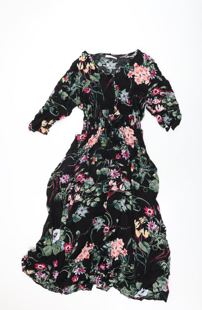 New Feeling Womens Black Floral Viscose A-Line Size XL V-Neck Button