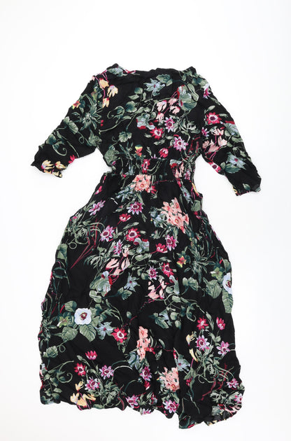 New Feeling Womens Black Floral Viscose A-Line Size XL V-Neck Button