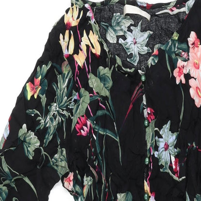 New Feeling Womens Black Floral Viscose A-Line Size XL V-Neck Button